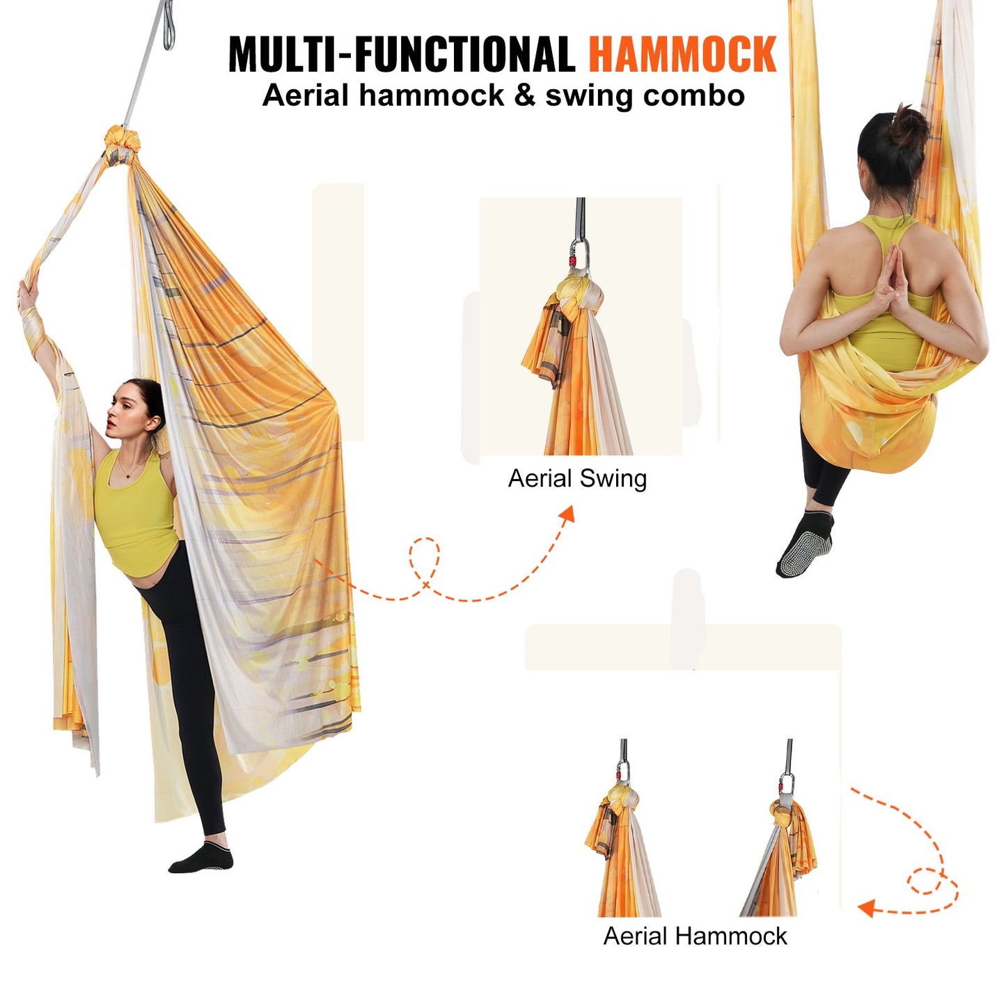 Aerial Yoga Hammock & Swing, 5.5 Yards, Aerial Yoga Starter Kit with 100gsm Nylon Fabric, Full Rigging Hardware & Easy Set-up Guide, Antigravity Flying for All Levels Fitness Bodybuilding, Gold