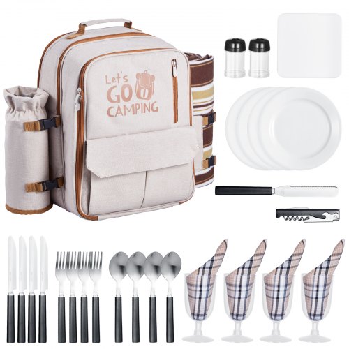 Picknickryggsäck, strandpicknickryggsäck för 4 personer med isolerat kylfack, avtagbar flask-/vinhållare, lätt filt, tallrikar och bestickset för utomhusbruk, vandring, camping