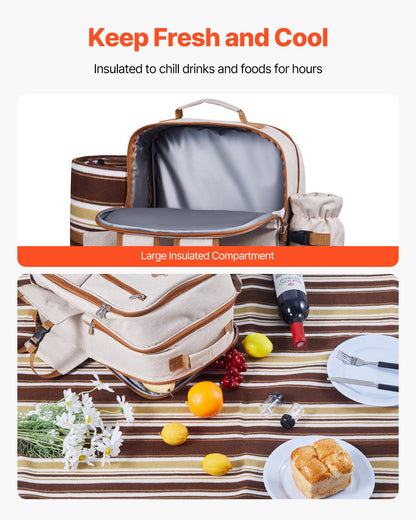 Picknickryggsäck, strandpicknickryggsäck för 4 personer med isolerat kylfack, avtagbar flask-/vinhållare, lätt filt, tallrikar och bestickset för utomhusbruk, vandring, camping