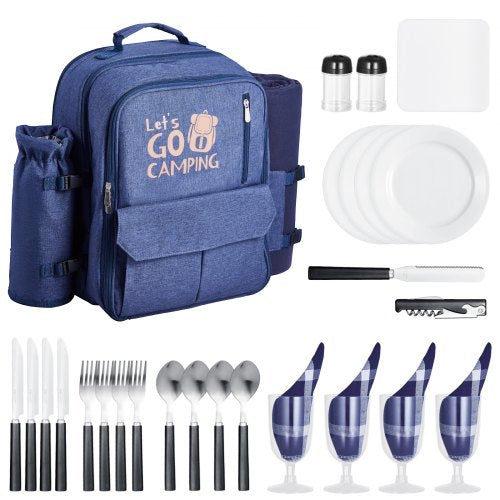 Picnic Backpack, Beach Picnic Backpack Bag for 4 Person with Insulated Cooler Compartment, Detachable Bottle/Wine Holder, Lightweight Blanket, Plates and Cutlery Set for Outdoor, Navy Blue