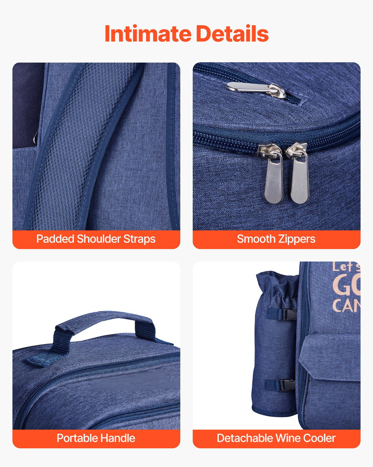 Picknickryggsäck, strandpicknickryggsäck för 4 personer med isolerat kylfack, avtagbar flask-/vinhållare, lätt filt, tallrikar och bestickset för utomhusbruk, marinblå