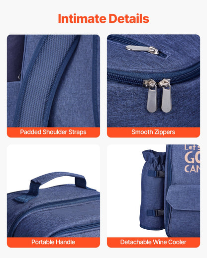 Picknickryggsäck, strandpicknickryggsäck för 4 personer med isolerat kylfack, avtagbar flask-/vinhållare, lätt filt, tallrikar och bestickset för utomhusbruk, marinblå
