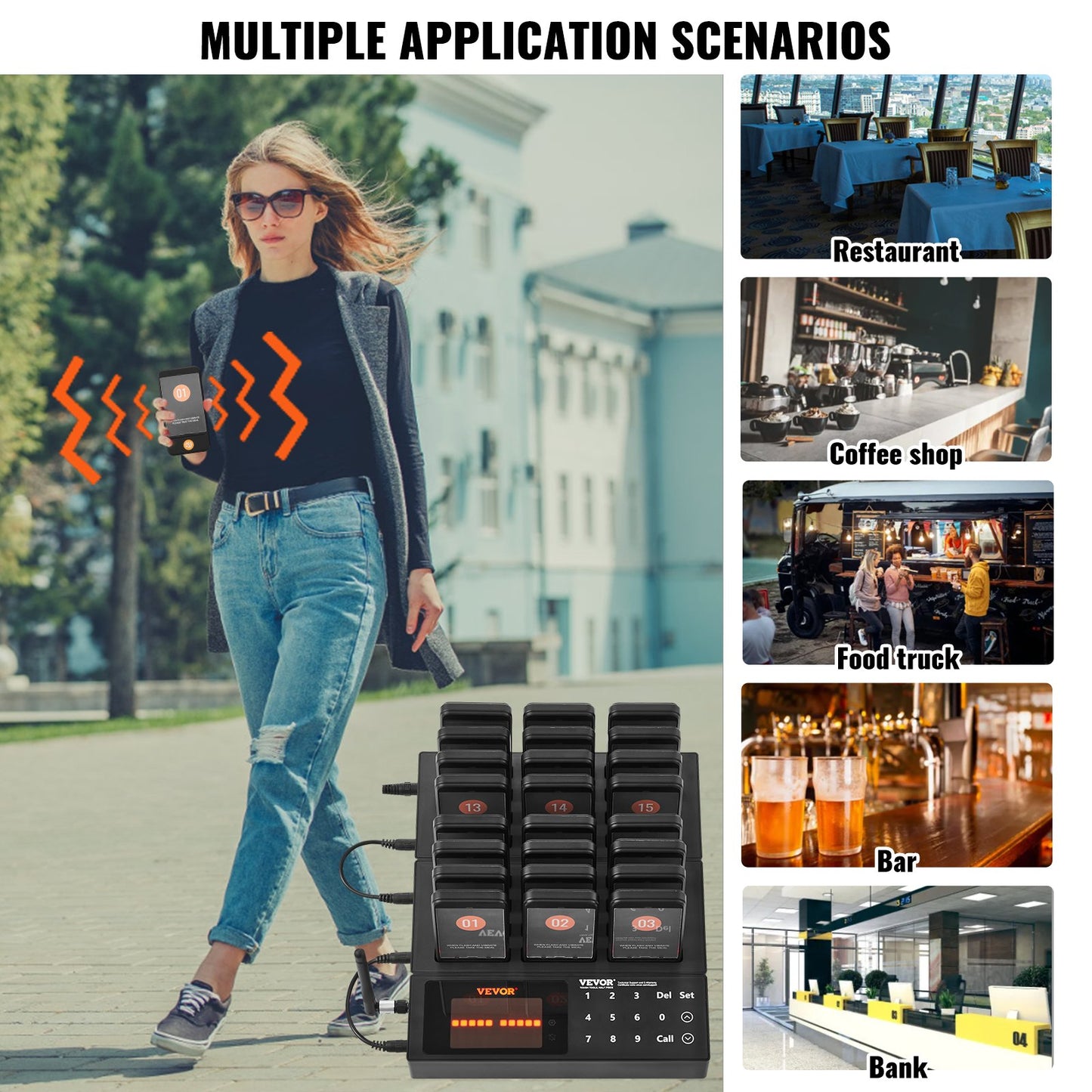 Restaurant Pager System, Wireless 400m Long Range Lineup Waiting Queue Signal, Guest Customer Calling Beepers with Vibration & Flashing, 24 Buzzers for Food Truck, Church, Nursery, Hospital