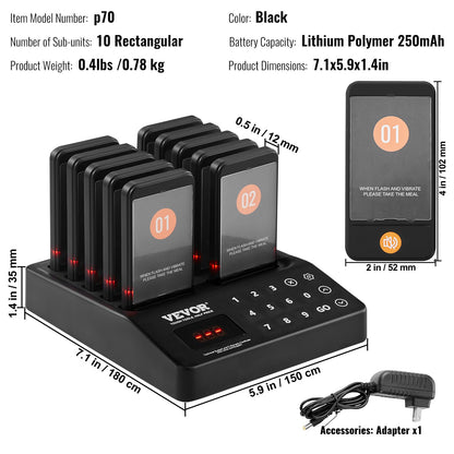Restaurant Pager System, Wireless 400m Long Range Lineup Waiting Queue Signal, Guest Customer Calling Beepers with Vibration & Flashing, 10 Buzzers for Food Truck, Church, Nursery, Hospital