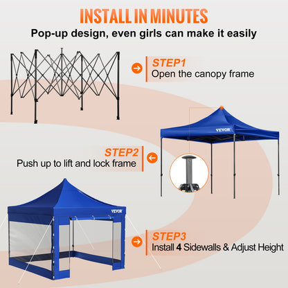 304.8 x 304.8 cm Pop Up Canopy Tent, Outdoor Patio Gazebo Tent with Removable Sidewalls and Wheeled Bag, UV Resistant Waterproof Instant Gazebo Shelter for Party, Garden, Backyard, Blue