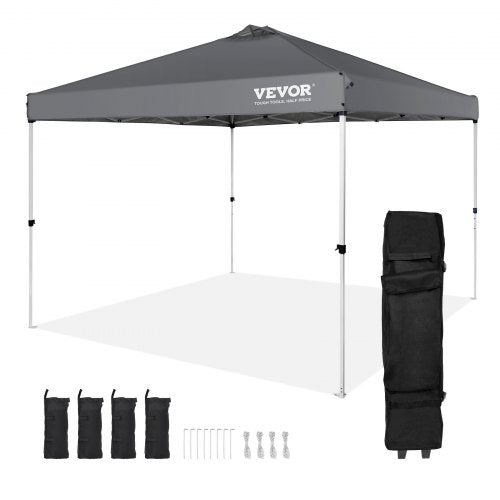 Pop Up Canopy Tent, 10 x 10 ft, 250 D PU Silver Coated Tarp, with Portable Roller Bag and 4 Sandbags, Waterproof and Sun Shelter Gazebo for Outdoor Party, Camping, Commercial Events, Dark Gray