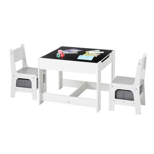 Kids Table and 2 Chairs Set, Toddler Table and Chair Set with Storage Space under the Table, Cloth Storage Box under the Chairs, Wooden Desk for Art, Craft, Reading, Learning, Drawing, White