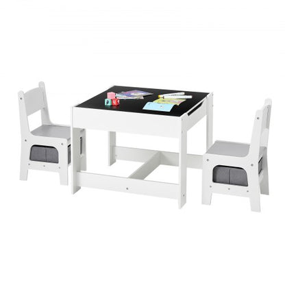 Kids Table and 2 Chairs Set, Toddler Table and Chair Set with Storage Space under the Table, Cloth Storage Box under the Chairs, Wooden Desk for Art, Craft, Reading, Learning, Drawing, White