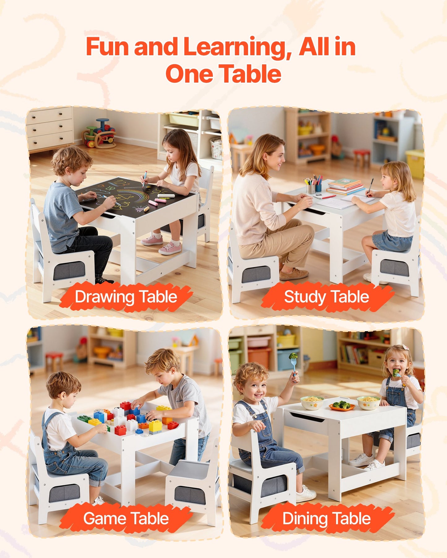 Kids Table and 2 Chairs Set, Toddler Table and Chair Set with Storage Space under the Table, Cloth Storage Box under the Chairs, Wooden Desk for Art, Craft, Reading, Learning, Drawing, White