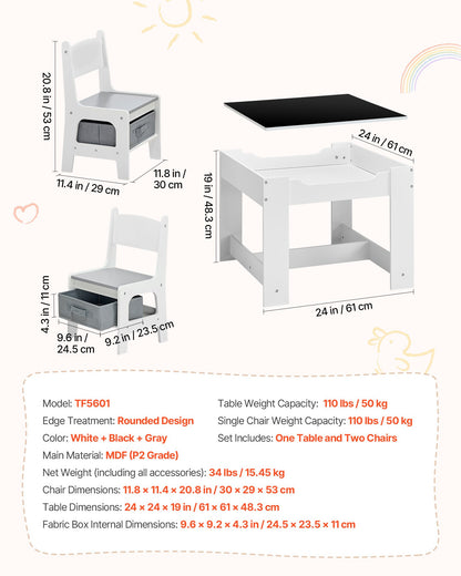 Kids Table and 2 Chairs Set, Toddler Table and Chair Set with Storage Space under the Table, Cloth Storage Box under the Chairs, Wooden Desk for Art, Craft, Reading, Learning, Drawing, White