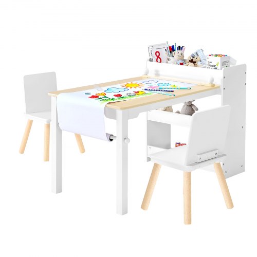 Kids Art Table and Chair Set, Toddler Craft Table with 3 Tiers Storage Cabinet, Wooden Kids Activity Play Desk with 2 Chairs, Art Craft Play Desk for Reading, Learning, Drawing, Writing, White