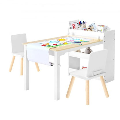Kids Art Table and Chair Set, Toddler Craft Table with 3 Tiers Storage Cabinet, Wooden Kids Activity Play Desk with 2 Chairs, Art Craft Play Desk for Reading, Learning, Drawing, Writing, White