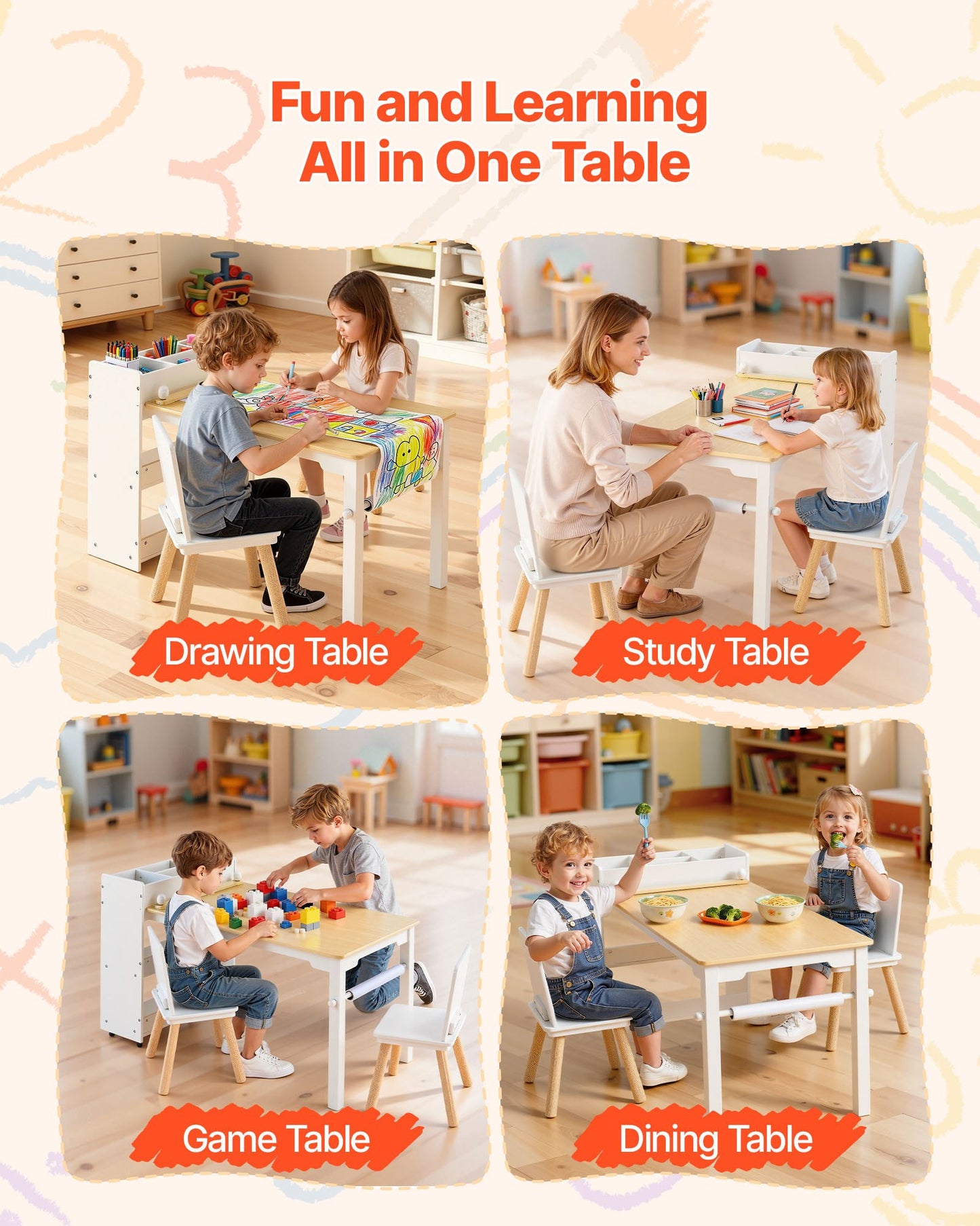Kids Art Table and Chair Set, Toddler Craft Table with 3 Tiers Storage Cabinet, Wooden Kids Activity Play Desk with 2 Chairs, Art Craft Play Desk for Reading, Learning, Drawing, Writing, White