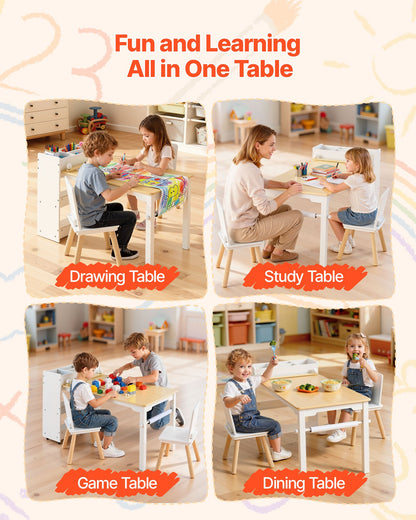 Kids Art Table and Chair Set, Toddler Craft Table with 3 Tiers Storage Cabinet, Wooden Kids Activity Play Desk with 2 Chairs, Art Craft Play Desk for Reading, Learning, Drawing, Writing, White