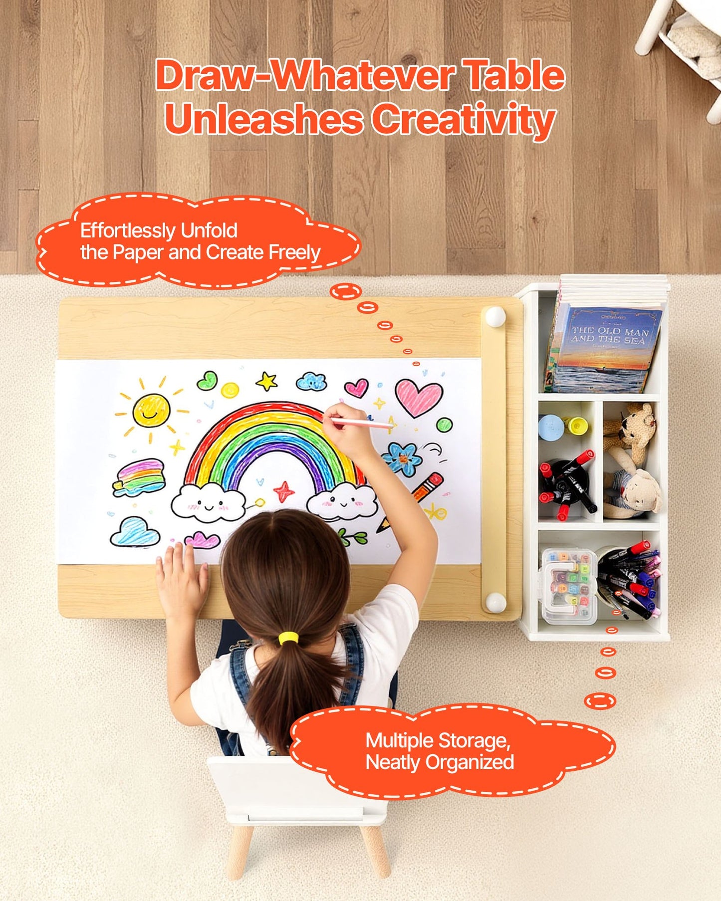 Kids Art Table and Chair Set, Toddler Craft Table with 3 Tiers Storage Cabinet, Wooden Kids Activity Play Desk with 2 Chairs, Art Craft Play Desk for Reading, Learning, Drawing, Writing, White