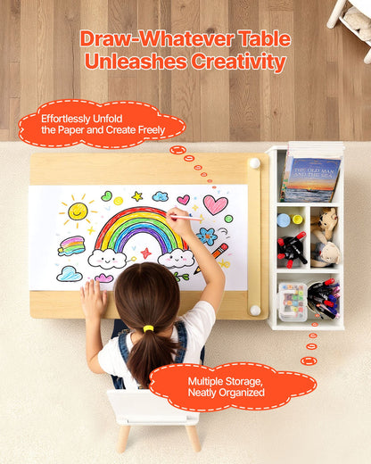 Kids Art Table and Chair Set, Toddler Craft Table with 3 Tiers Storage Cabinet, Wooden Kids Activity Play Desk with 2 Chairs, Art Craft Play Desk for Reading, Learning, Drawing, Writing, White