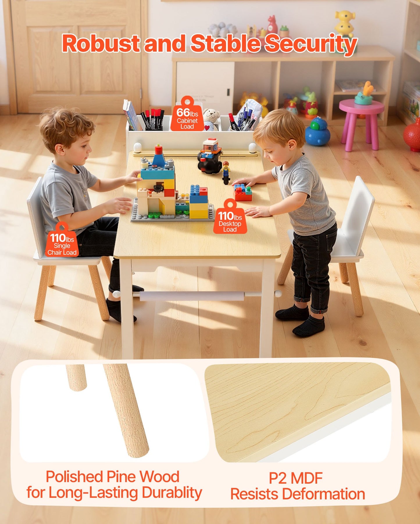 Kids Art Table and Chair Set, Toddler Craft Table with 3 Tiers Storage Cabinet, Wooden Kids Activity Play Desk with 2 Chairs, Art Craft Play Desk for Reading, Learning, Drawing, Writing, White