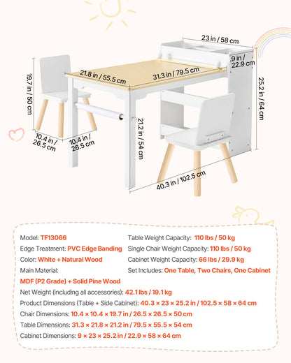 Kids Art Table and Chair Set, Toddler Craft Table with 3 Tiers Storage Cabinet, Wooden Kids Activity Play Desk with 2 Chairs, Art Craft Play Desk for Reading, Learning, Drawing, Writing, White