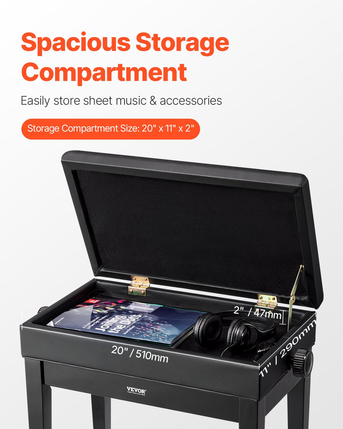 Adjustable Piano Keyboard Bench Storage Padded Seat Wooden Bookcase Stool 56x34x49cm