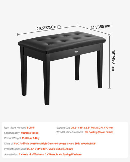 Duet Piano Keyboardbänk Förvaring Vadderad Sits Träbordspall Bokhylla 750x355x490mm