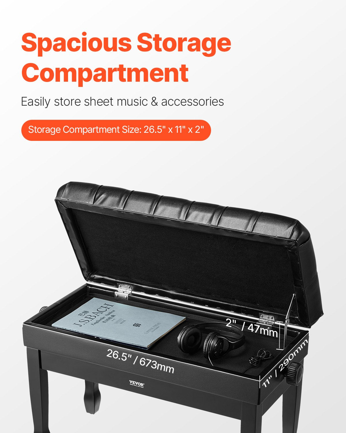 Adjustable Piano Keyboard Bench Storage Padded Seat Wooden Bookcase Stool 750x360x515mm