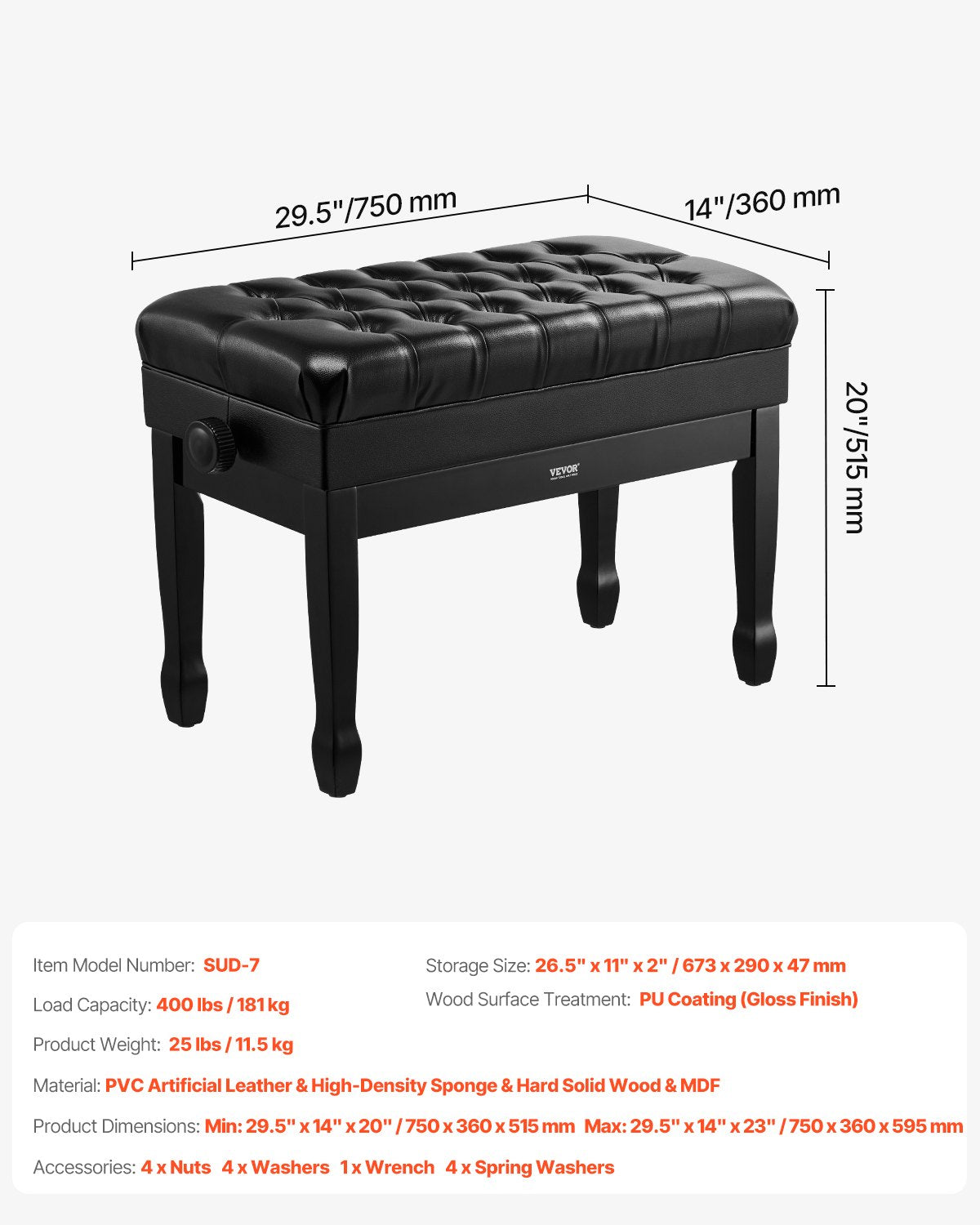 Adjustable Piano Keyboard Bench Storage Padded Seat Wooden Bookcase Stool 750x360x515mm