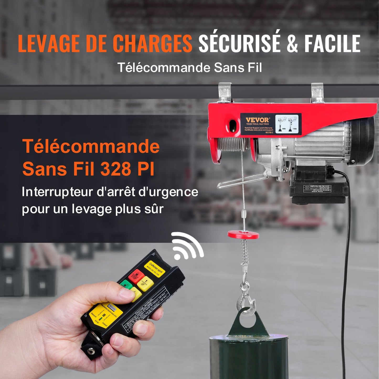 Elektrisk lyftanordning, 798 kg lyftkapacitet, 1450W 220V elektrisk stålvinsch med trådlös fjärrkontroll, 1219 cm lyfthöjd med enkel kabel och motor i ren koppar, för garage, lager, fabrik