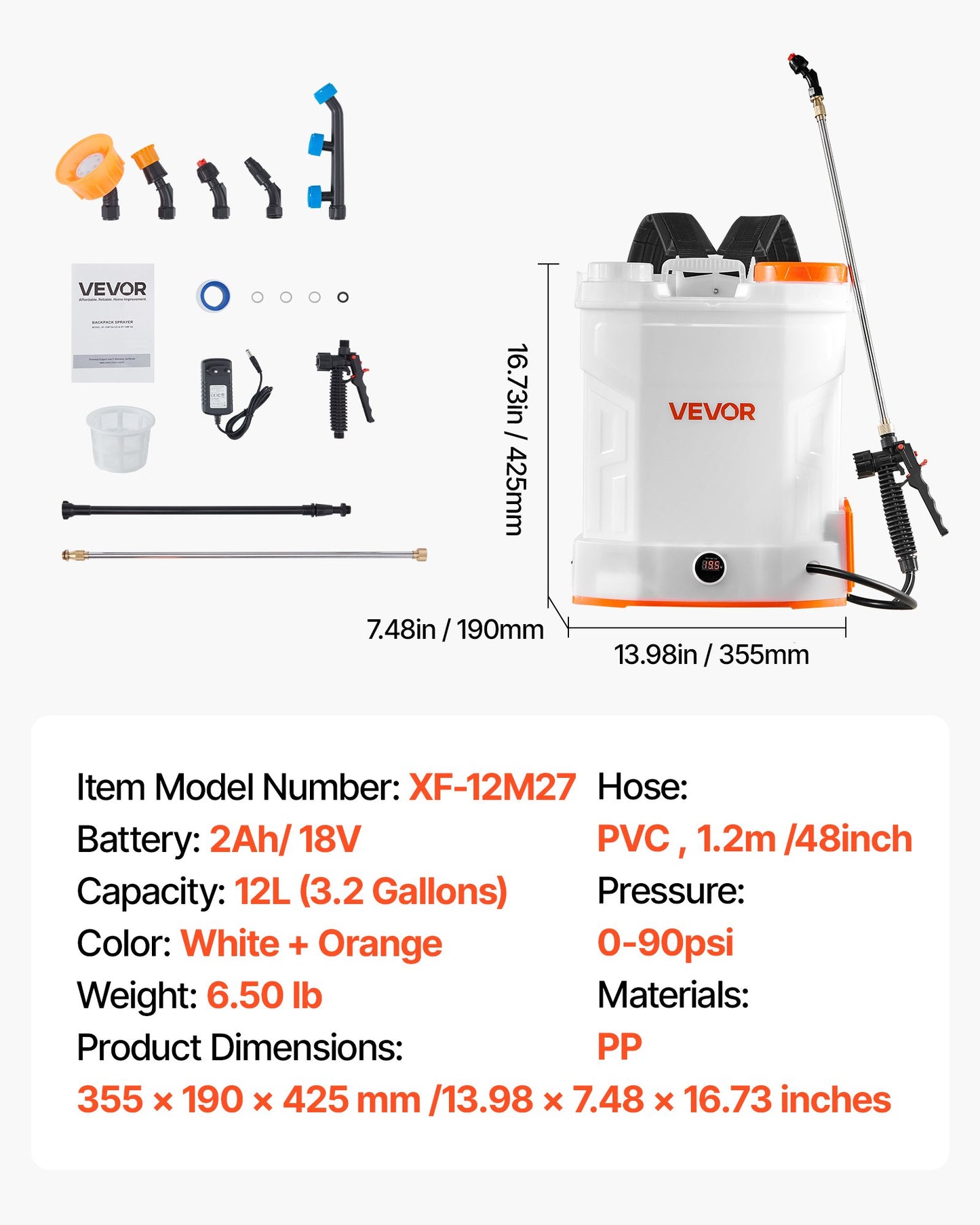 Battery Powered Backpack Sprayer, 12L Powerful Electric Backpack Sprayer, 2 Retractable Wands & 5 Nozzles, Adjustable 0-90 PSI, 2 Hour Runtime, Portable Weed Sprayers for Yard Garden Lawn