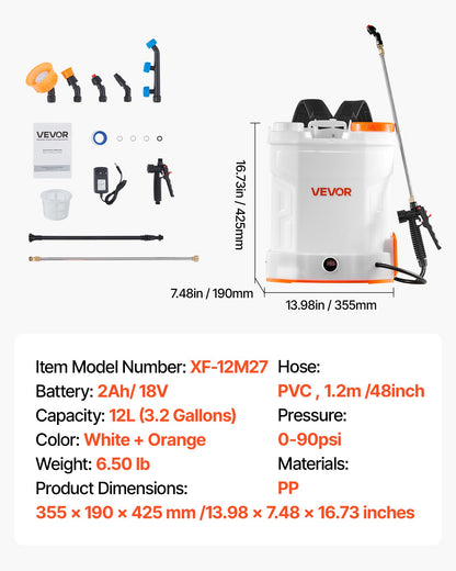 Battery Powered Backpack Sprayer, 12L Powerful Electric Backpack Sprayer, 2 Retractable Wands & 5 Nozzles, Adjustable 0-90 PSI, 2 Hour Runtime, Portable Weed Sprayers for Yard Garden Lawn