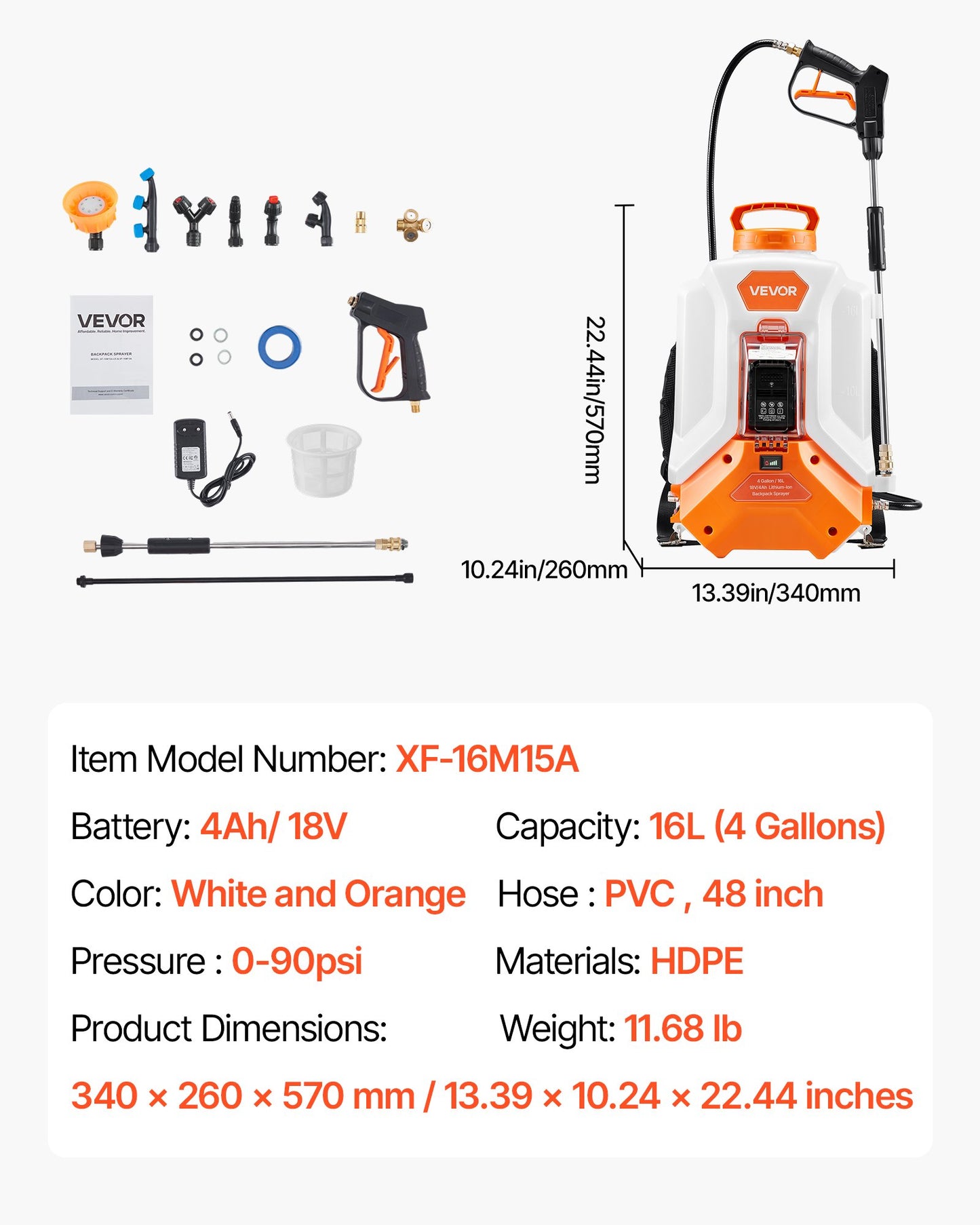 Battery Powered Backpack Sprayer, 16L Electric Backpack Sprayer, 2 Wands & 8 Nozzles, Adjustable 0-90 PSI, 4H Runtime, Portable Yard Garden Lawn Sprayers for Weeding Spraying Cleaning