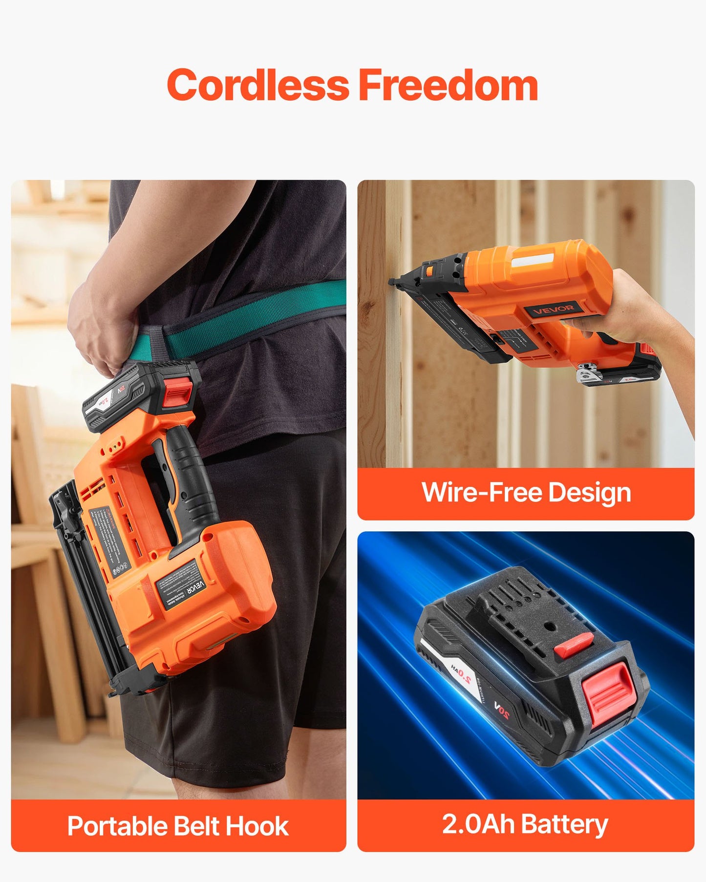 Cordless Brad Nailer, 18 Gauge, 20V Battery Powered Nail Gun, with 500 pcs Nails, 2.0 Ah Li-ion Battery and Charger, Adjustable Nailing Depth, for Home Improvement, Woodworking, DIY Project