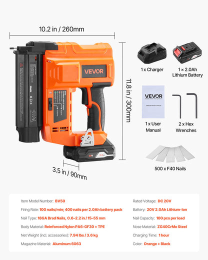 Cordless Brad Nailer, 18 Gauge, 20V Battery Powered Nail Gun, with 500 pcs Nails, 2.0 Ah Li-ion Battery and Charger, Adjustable Nailing Depth, for Home Improvement, Woodworking, DIY Project
