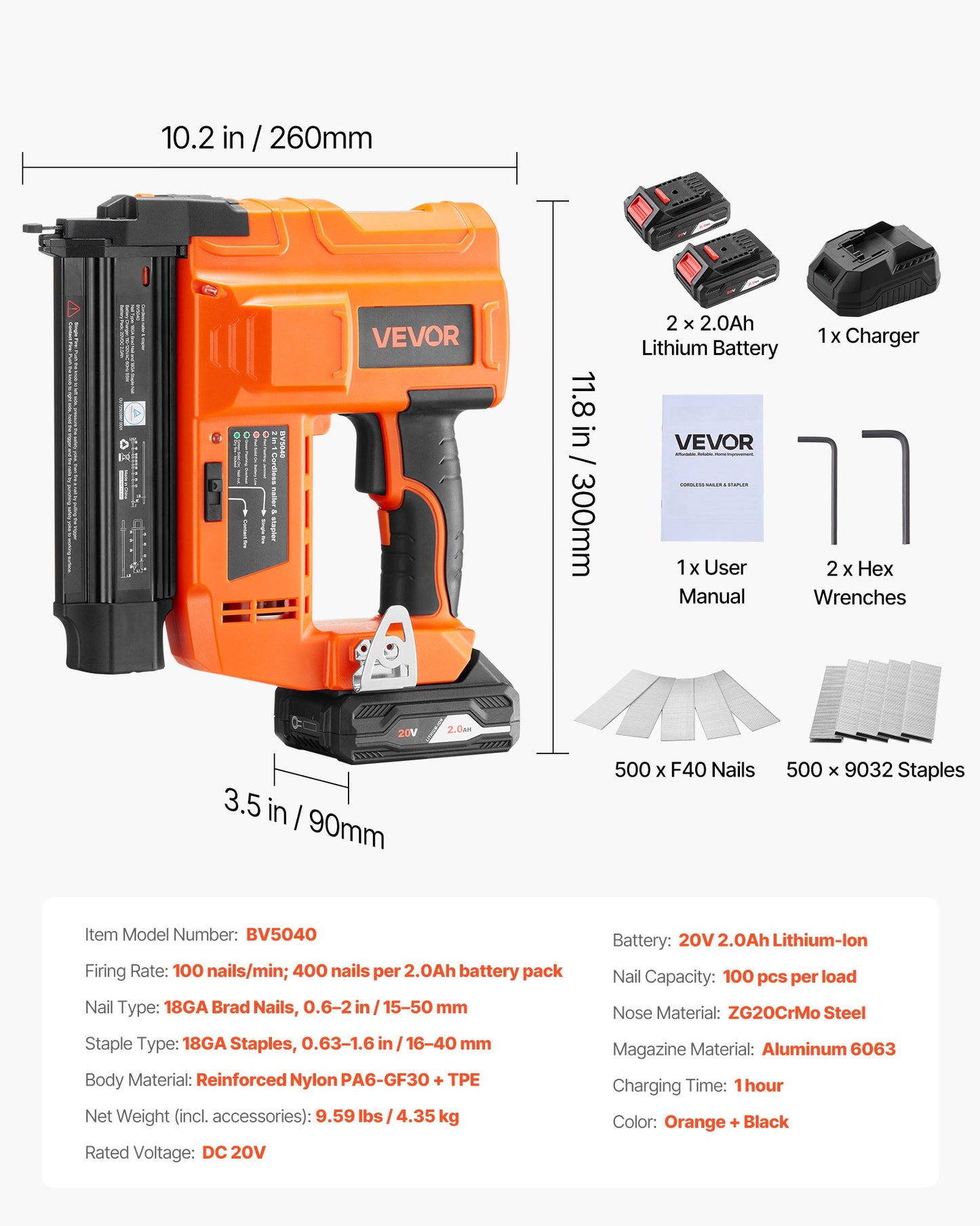 2-in-1 Cordless Brad Nailer, 18 Gauge, 20V Battery Powered Nail Gun and Staple Gun, with 500 pcs Nails, 500 pcs Staples, 2 x 2.0 Ah Li-ion Batteries, Charger, for Home Improvement, Woodworking