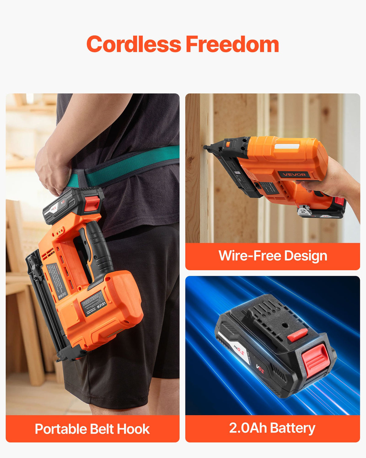 2-in-1 Cordless Brad Nailer, 18 Gauge, 20V Battery Powered Nail Gun and Staple Gun, with 500 pcs Nails, 500 pcs Staples, 2.0 Ah Li-ion Battery and Charger, for Home Improvement, Woodworking