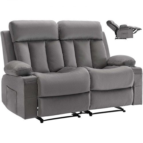 Loveseat Recliner Sofa, Power Reclining Couch with Heating and Massage, Soft Velvet Electric Recliner Sofa with USB Ports, Cup Holders and Side Bags, Dual Loveseat Chair for Living Room, Grey