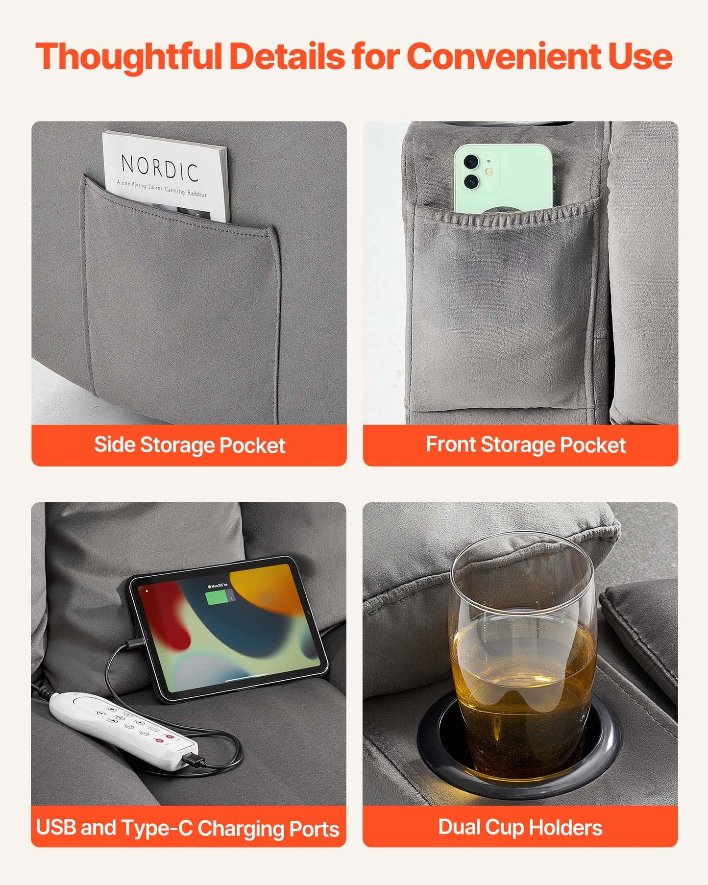 Loveseat-soffa, elektrisk vilsoffa med värme och massage, mjuk sammetssoffa med elektrisk vilsoffa, USB-portar, mugghållare och sidoväskor, dubbel loveseat-fåtölj för vardagsrum, grå