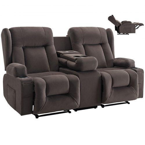 Loveseat Recliner Sofa, Power Reclining Couch with Heating & Massage, Suede Electric Recliner Sofa with Center Console, USB Ports, Cup Holders & Side Bags, Dual Loveseat Chair for Living Room
