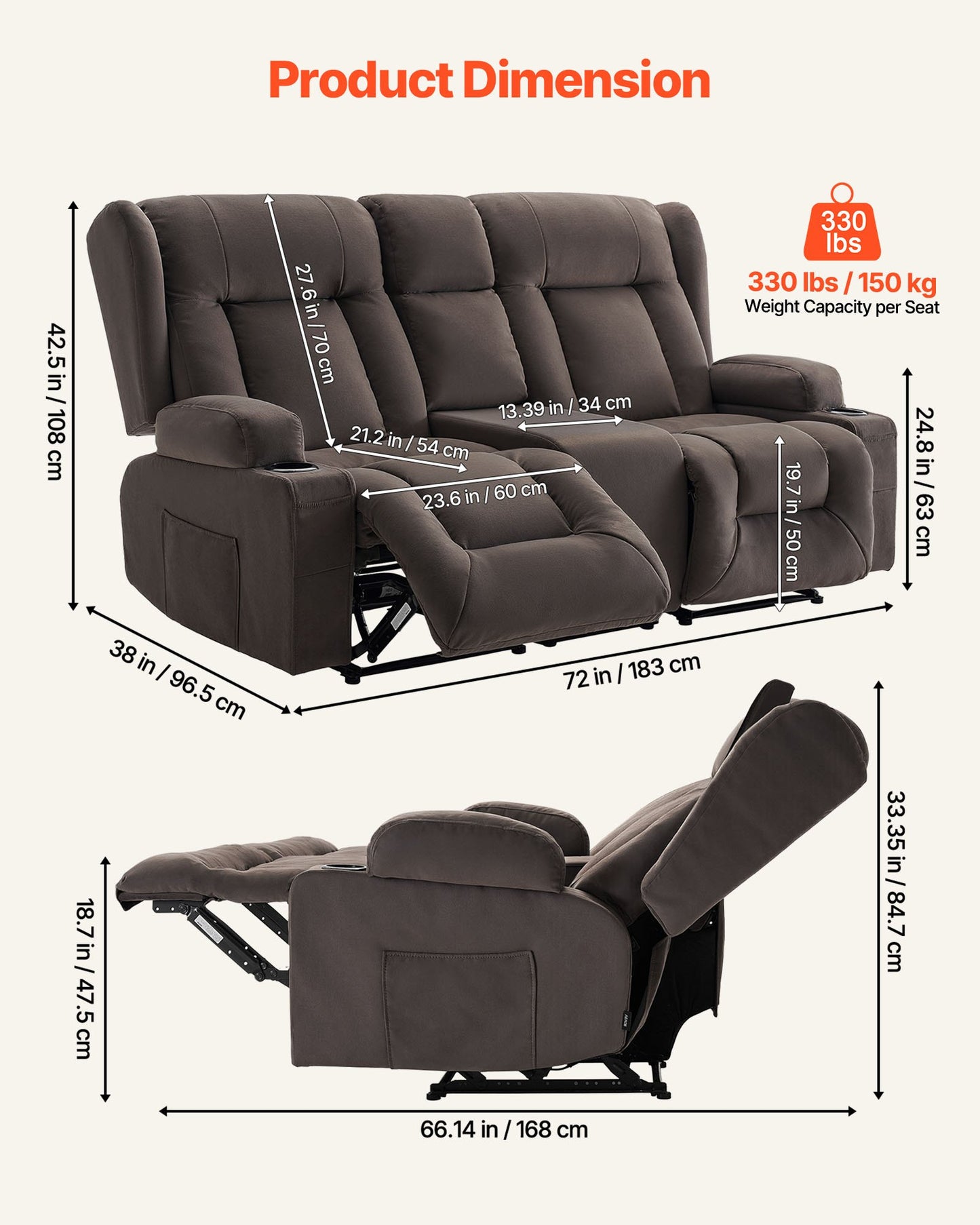 Loveseat Recliner Sofa, Power Reclining Couch with Heating & Massage, Suede Electric Recliner Sofa with Center Console, USB Ports, Cup Holders & Side Bags, Dual Loveseat Chair for Living Room