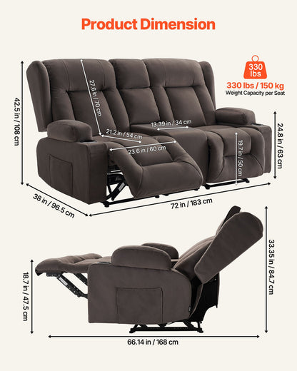 Loveseat Recliner Sofa, Power Reclining Couch with Heating & Massage, Suede Electric Recliner Sofa with Center Console, USB Ports, Cup Holders & Side Bags, Dual Loveseat Chair for Living Room