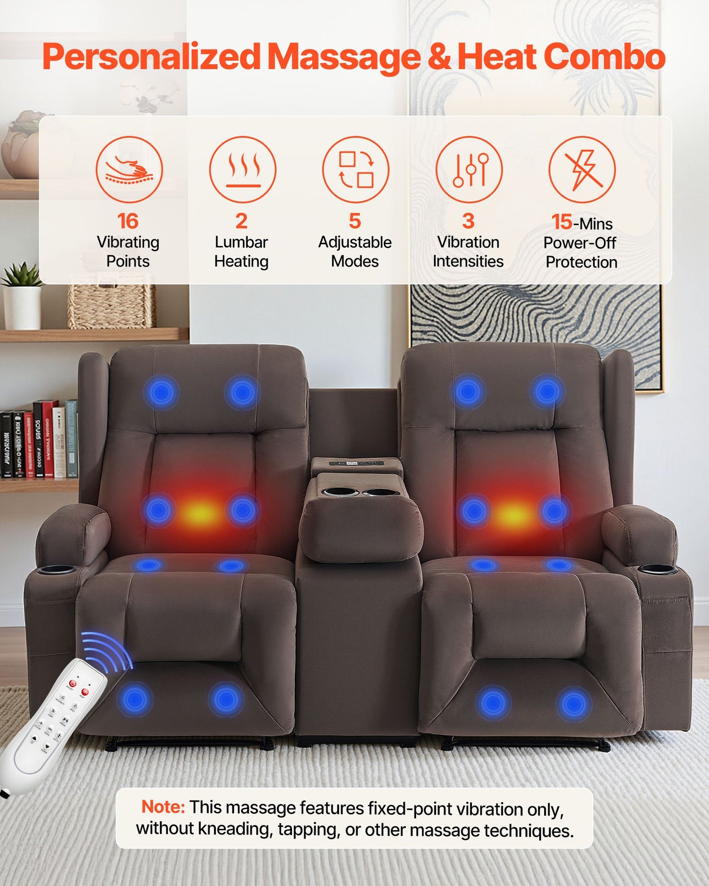 Loveseat Recliner Sofa, Power Reclining Couch with Heating & Massage, Suede Electric Recliner Sofa with Center Console, USB Ports, Cup Holders & Side Bags, Dual Loveseat Chair for Living Room