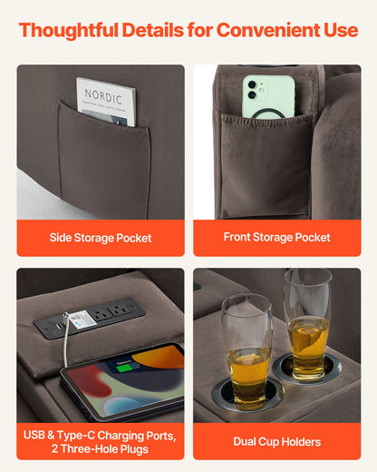 Loveseat Recliner Sofa, Power Reclining Couch with Heating & Massage, Suede Electric Recliner Sofa with Center Console, USB Ports, Cup Holders & Side Bags, Dual Loveseat Chair for Living Room