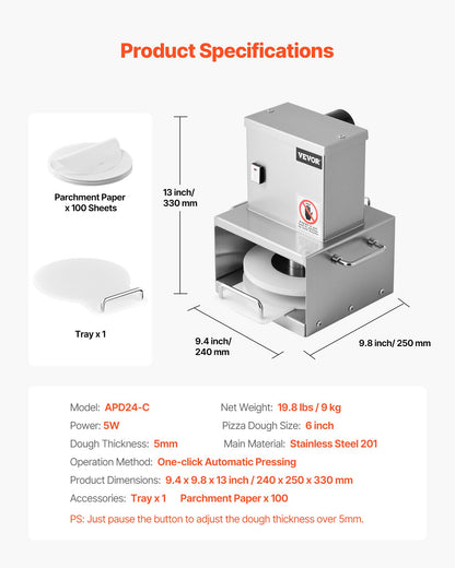Electric Pizza Dough Press Machine, 6 inch Pizza Pastry Press Plate, Stainless Steel Bread Presser, Adjustable Thickness Commercial Forming Machine, with 100 Pcs Parchment Paper