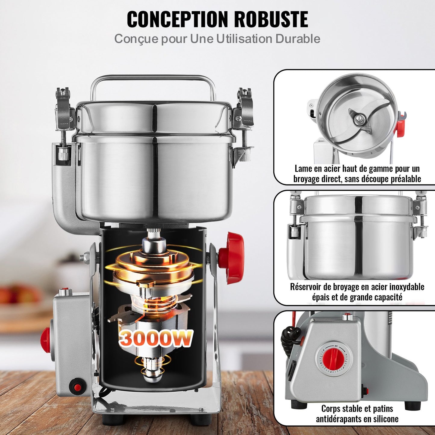 1000g Electric Grain Mill Grinder, High Speed 3000W Commercial Spice Grinders, Stainless Steel Pulverizer Powder Machine, for Dry Grains Spices Cereals Coffee Corn Pepper, Swing Type
