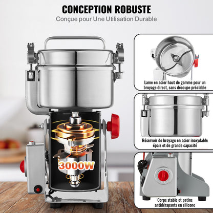 1000g Electric Grain Mill Grinder, High Speed 3000W Commercial Spice Grinders, Stainless Steel Pulverizer Powder Machine, for Dry Grains Spices Cereals Coffee Corn Pepper, Swing Type