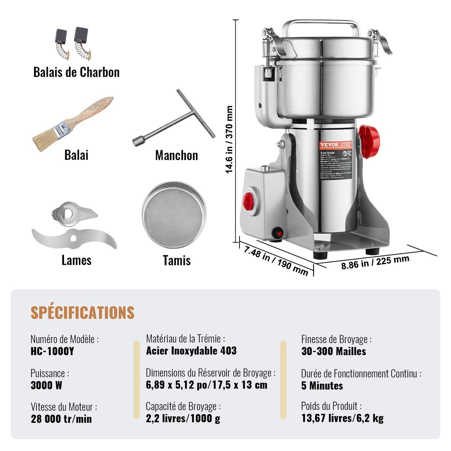 1000g Electric Grain Mill Grinder, High Speed 3000W Commercial Spice Grinders, Stainless Steel Pulverizer Powder Machine, for Dry Grains Spices Cereals Coffee Corn Pepper, Swing Type