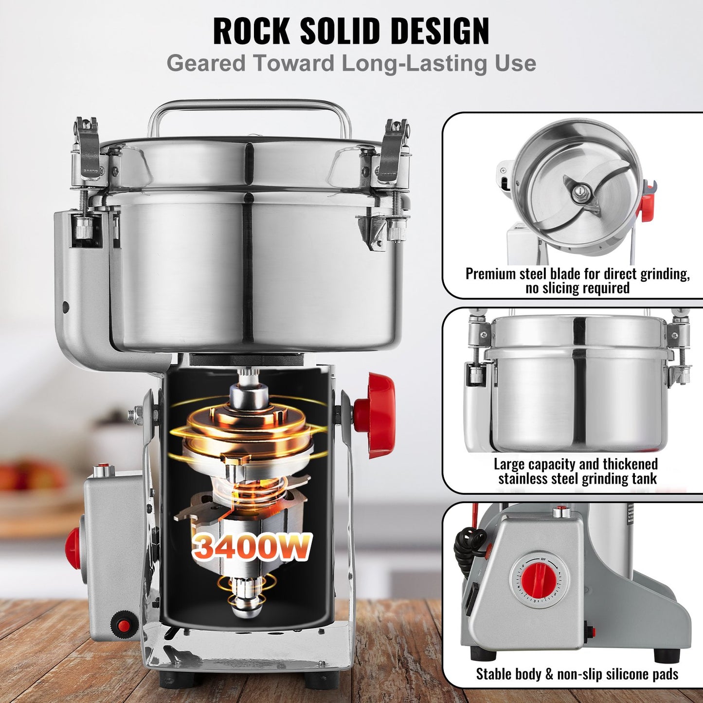 2500g elektrisk spannmålskvarn, höghastighets 3400W kommersiella kryddkvarnar, pulvermaskin i rostfritt stål, för torra spannmål, kryddor, spannmål, kaffe, majs, peppar, svängtyp