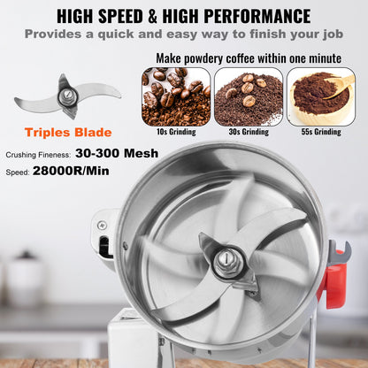 300g Electric Grain Mill Grinder, High Speed 1500W Commercial Spice Grinders, Stainless Steel Pulverizer Powder Machine, for Dry Grains Spices Cereals Coffee Corn Pepper, Swing Type