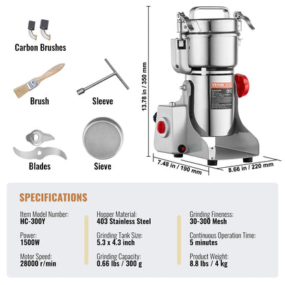 300g Electric Grain Mill Grinder, High Speed 1500W Commercial Spice Grinders, Stainless Steel Pulverizer Powder Machine, for Dry Grains Spices Cereals Coffee Corn Pepper, Swing Type