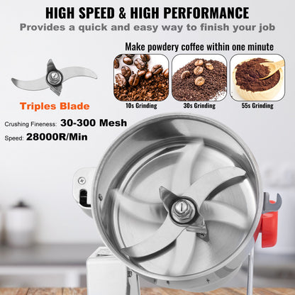 500g Electric Grain Mill Grinder, High Speed 2000W Commercial Spice Grinders, Stainless Steel Pulverizer Powder Machine, for Dry Grains Spices Cereals Coffee Corn Pepper, Swing Type