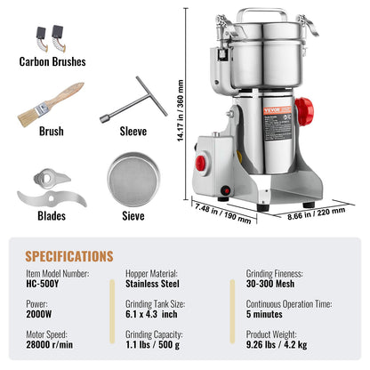 500g Electric Grain Mill Grinder, High Speed 2000W Commercial Spice Grinders, Stainless Steel Pulverizer Powder Machine, for Dry Grains Spices Cereals Coffee Corn Pepper, Swing Type